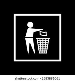 Waste Disposal, Recycling Vector Flat Icon with White Geometric Square Shape Frame. Throw Garbage, Keep Clean, Man Throws Trash Symbol.	