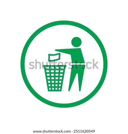 Waste Disposal, Recycling Vector Flat Green Icon in Linear Circle. Throw Garbage, Keep Clean, Man Throws Trash Symbol.	