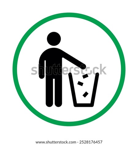 Waste Disposal, Recycling Vector Flat Icon in Green Linear Circle. Throw Garbage, Keep Clean, Man Throws Trash Symbol.	