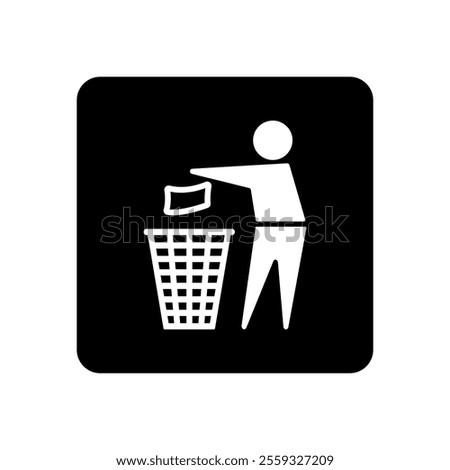 Waste Disposal, Recycling Vector Flat Icon in Black Square Geometric Shape. Throw Garbage, Keep Clean, Man Throws Trash Symbol.	