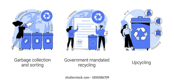 Waste disposal and reuse abstract concept vector illustration set. Garbage collection and sorting, government mandated recycling, upcycling, curbside program, reduce consumption abstract metaphor.