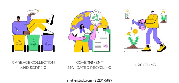 Waste disposal and reuse abstract concept vector illustration set. Garbage collection and sorting, government mandated recycling, upcycling, curbside program, reduce consumption abstract metaphor.