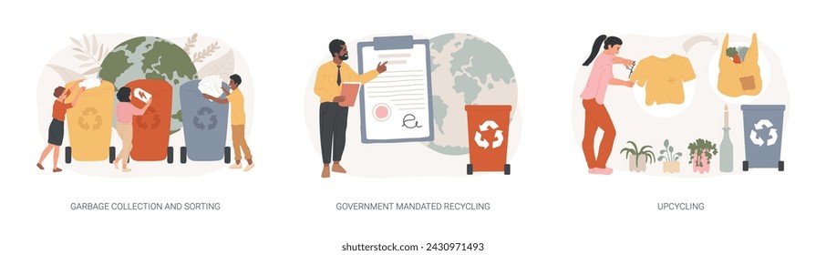 Waste disposal and reuse isolated concept vector illustration set. Garbage collection and sorting, government mandated recycling, upcycling, curbside program, reduce consumption vector concept.