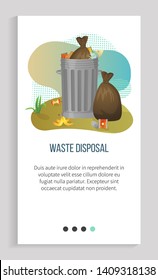 Waste disposal, tank of garbage, bin filled with waste bags, organic and metal objects, global problem of planet, pollution and recycling vector. Slider for ecology app, save planet. Earth day