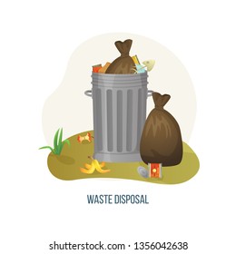 Waste disposal vector, dumpster with metal container filled with rubbish and litter, ecological disaster on planet Earth. Packages packs with garbage. Concept for Earth day