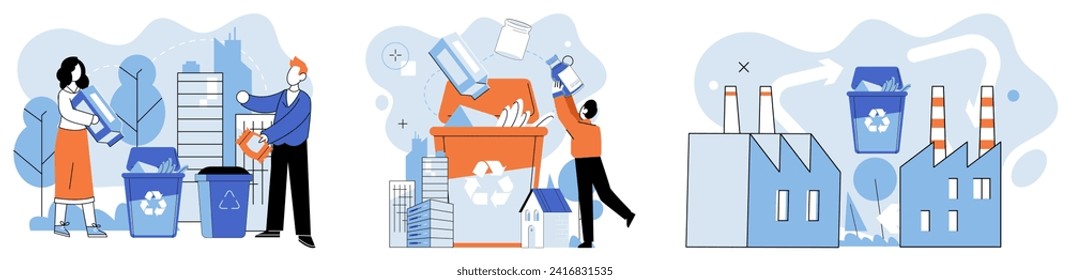 Waste disposal. Vector illustration. Eco-friendly practices prioritize sustainability, aiming to minimize waste generation and promote cleaner, greener planet Sorting waste is akin to unraveling