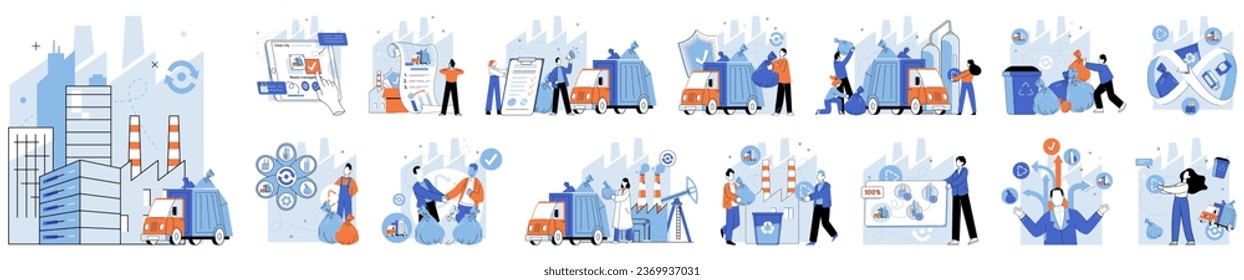 Waste disposal. Vector illustration. It involves separating different types waste, such as paper, plastic, glass, and organic matter, for proper disposal or recycling Waste sorting is essential