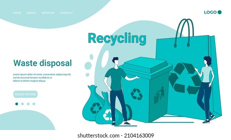 Waste disposal.People collect and sort the waste and put it in a container.The concept of eco-friendly waste.An illustration in the style of a green landing page.