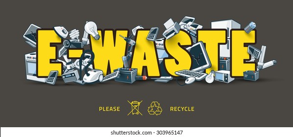 The waste electrical and electronic equipment creating pile around the yellow E-Waste sign. Computer and other obsolete used electronic waste stack on title. Graffity and street art feeling.
