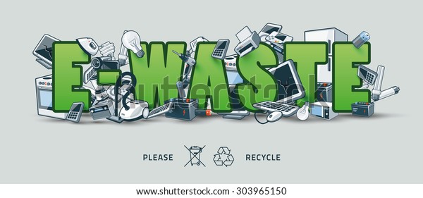 The\
waste electrical and electronic equipment creating pile around the\
green E-Waste sign. Computer and other obsolete used electronic\
waste stack on title. Waste management concept.\
