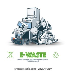 The waste electrical and electronic equipment pile. Computer and other obsolete electronic waste stack. Waste management concept.