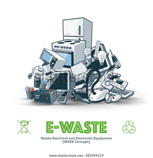 The waste electrical and electronic equipment\
pile. Computer and other obsolete electronic waste stack. Waste\
management concept.