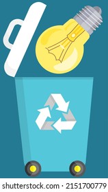 Waste electrical and electronic equipment. Used light bulb for environmentally friendly recycling, reuse. Light bulb near waste bin with recycling logo. Protection of nature and ecology concept