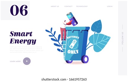 Waste Electrical and Electronic Equipment Website Landing Page. Man Throw Out Huge Battery into Special Litter Bin for Recycling and Trash Separation Web Page Banner. Cartoon Flat Vector Illustration