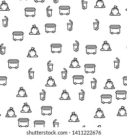 Waste Emission Collection Seamless Pattern Vector. Bag With Trash And Dumpster Container Waste Recycling Monochrome Texture Icons. Traditional Garbage Disposal Template Flat Illustration