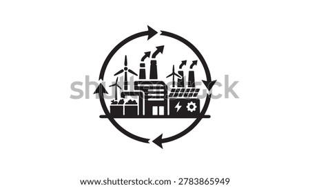 Waste to energy recycling facility circular process vector illustration icon pack with wind turbines solar panels Waste to energy recycling facility circular process vector illustration icon pack with wind turbines, solar panels, and industrial machinery. Depicts a sustainable flow system emphasizing eco-friendly waste management and renewable energy conversion. Perfect for environmental projects, green technology presentations, or recycling awareness campaigns. Includes detailed icons of waste processing, power generation, and clean solutions in a cohesive icon pack format.