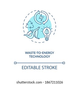 Waste to energy technology blue concept icon. Reuse of natural resources. Environment protection. Biophilia idea thin line illustration. Vector isolated outline RGB color drawing. Editable stroke