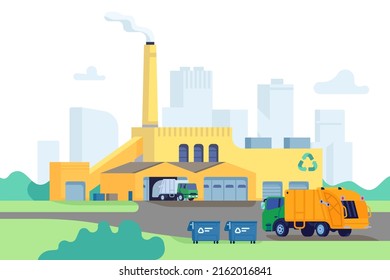 Waste factory building. Incineration and recycling of garbage process. Trash transportation and shipment. Environmental pollution. Rubbish utilization industrial plant svg