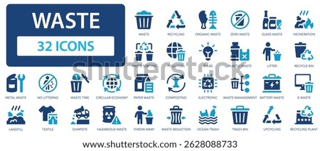 Waste flat icons collection. Waste sorting, pollution, recycling, landfill, composting, recycling plant, circular economy, litter sign set.