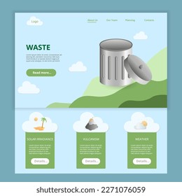 Waste flat landing page website template. Solar irradiance, vulcanism, weather. Web banner with header, content and footer. Vector illustration.