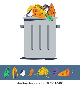 Waste food in bin garbage vector illustration isolated on a white background.