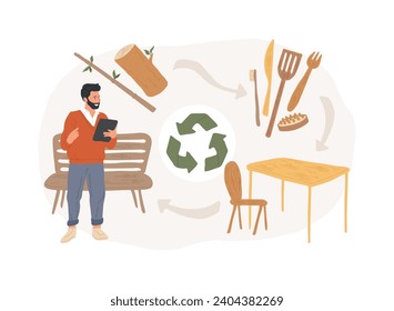 Waste free wood products isolated concept vector illustration. Salvaged plywood products, secondary wood using, zero waste subpart, non recyclable, primary manufacturing, organic vector concept.