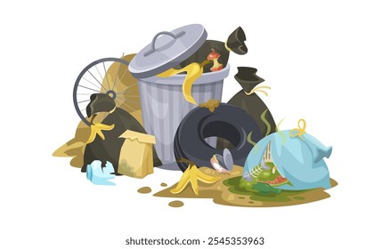 Cena de coleta de lixo e lixo com lixo e detritos espalhados. Ilustração vetorial
