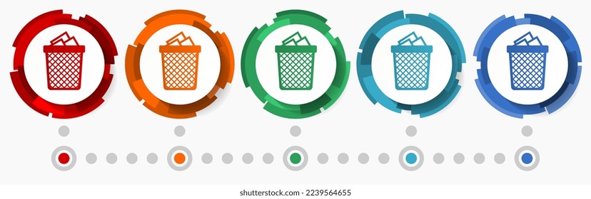 Waste, garbage concept vector icon set, modern design abstract web buttons in 5 color options, infographic template
