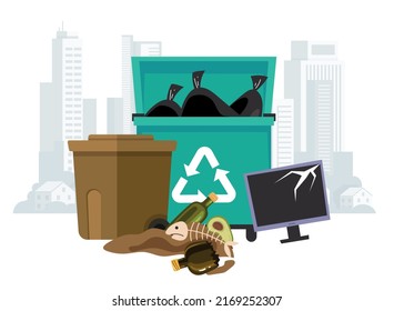 Waste garbage container composition. Vector flat cartoon graphic design illustration