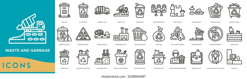 Waste and garbage Icon set. Trash Bin, Recycling Bin, Garbage Truck, Landfill Site, Compost Bin, Waste Segregation, Plastic Waste and Organic Waste
