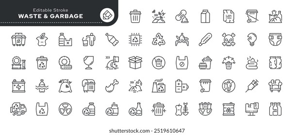 Waste and garbage line icon set. Waste sorting, recycling, plastic, glass, pollution and more. Outline icon in linear style. Vector collection.