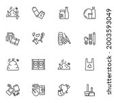 Waste, garbage line icons set, outline vector symbol collection, linear style pictogram pack. Signs, logo illustration. Set includes icons as waste sorting bin, plastic bag, battery, paper, glass lamp