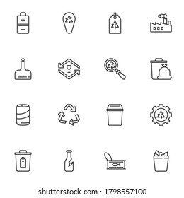 Desperdicios, conjunto de iconos de línea de elementos no utilizados, colección de símbolos de vector de contorno, paquete de pictogramas de estilo lineal. Señales, ilustración del logotipo. El juego incluye iconos como papelera, basura, basura, basura, batería, metal