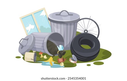 Waste and Garbage Pile with Various Items and Trash. Vector illustration