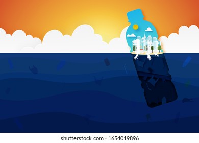 Waste and garbage of plastic pollution from city in plastic bottle on the sea.Paper art of ocean,conservation and sustainable environment and ecology concept.Vector illustration.