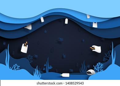 Waste and garbage of plastic product under the sea.Paper art of ocean,conservation and sustainable environment and ecology concept.Vector illustration.