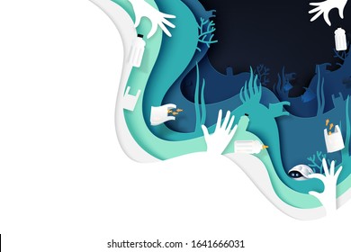 Waste and garbage of plastic product under the sea.Paper art of ocean,conservation and sustainable environment and ecology concept.Vector illustration.