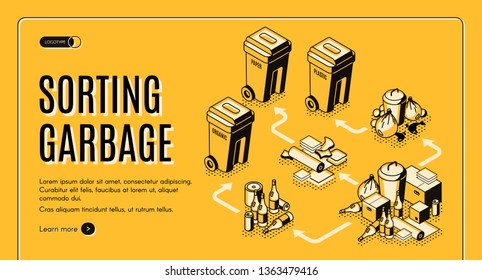 Waste and garbage sorting isometric vector web banner template with trash bins, containers for paper, plastic, glass and organic waste illustration. Junk recycling and environment pollution reduce