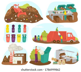 Waste garbage sorting and recycling set of vector illustration. Ecology, materials and factory. Waste management and recycle concept. Separation of waste into garbage bins. Colored garbage cans, bins.