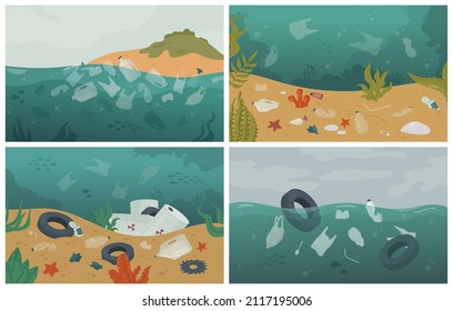 Waste Garbage In Water Of Ocean Or Sea, Environment Pollution Set Vector Illustration. Cartoon Polluted Dirty Scenery With Plastic Bag, Bottle, Litter Rubbish, Environmental Global Problem Background