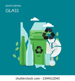 Waste glass sorting vector flat illustration. Green garbage container with recycle symbol, empty glass bottles, perfume bottle, broken plate. Ecology and recycle concept for web banner, website page.