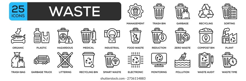 Waste Icon Collection Set. Containing Design Waste Management, Trash Bin, Garbage Collection, Recycling Symbol, Waste Sorting
