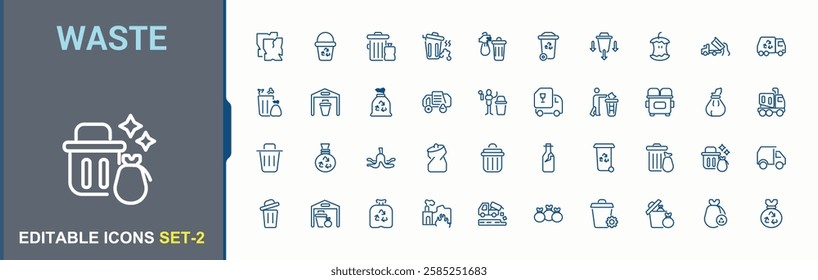 Waste icon pack. It contains symbols to rubbish, battery, container, garbage, junk, refuse, plastic, recycling. Sign and Symbol. Minimalist vector outline icons collection.
