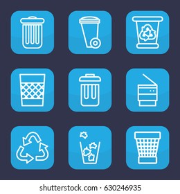 Waste icon. set of 9 outline waste icons such as trash bin, recycle bin, recycle