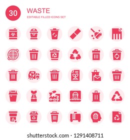waste icon set. Collection of 30 filled waste icons included Waste, Garbage, Recycling bin, Rubber, Clean, Grate, Trash, Recycle, Bin, Garbage truck, Recycled paper, Recycle bin