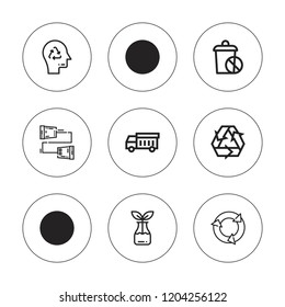 Waste icon set. collection of 9 outline waste icons with cans, garbage truck, reuse, recycle bin, recycle, recycling paper, recycling icons. editable icons.