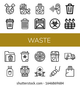 waste icon set. Collection of Pollution, Garbage bin, Recycle bin, Delete, Reuse, Compost, Biohazard, Bin, Drain, Rubbish, Radioactive, Ecology, Drainage, Garbage, Plastic bag icons