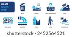 Waste icon set. Containing recycling, litter, trash and so on. Flat rubbish and dump icons.