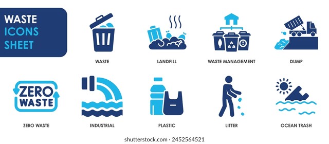 Waste icon set. Containing recycling, litter, trash and so on. Flat rubbish and dump icons.