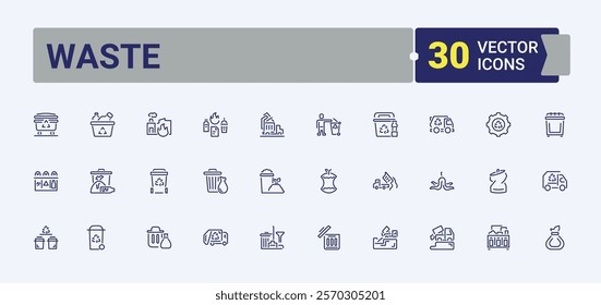 Waste icon set. Contains such icons as conservation, garbage, can, pollution, environment, litter and more. Outline symbol collection. Editable stroke.